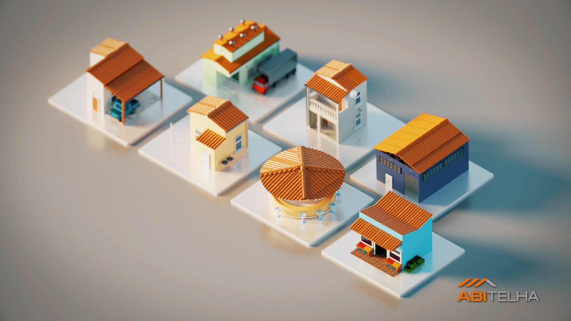 Vários tipos de telhados de casas Permatti em diferentes cores, como terracota e amarela, dispostas em plataformas brancas. Inclui quiosque, garagem e galpão.